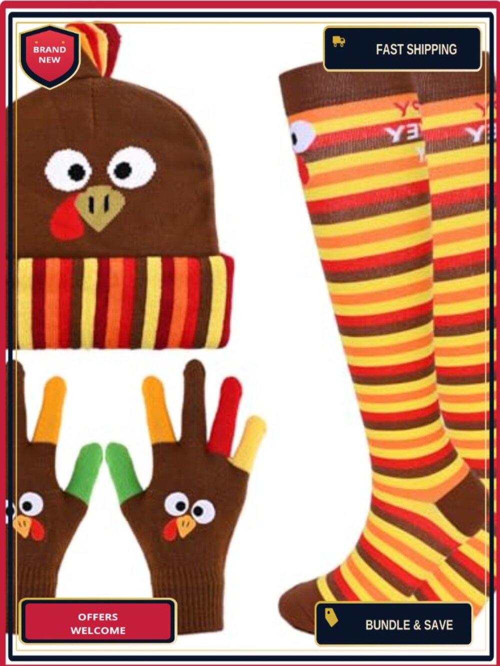 Thanksgiving Turkey Trot Costume Set Beanie Hat Gloves Socks
